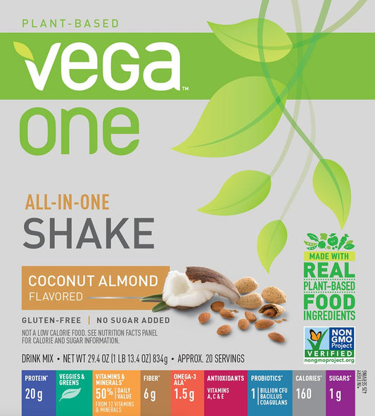 Vega One coconut almond ingredient panel shows greens and essential nutrients.