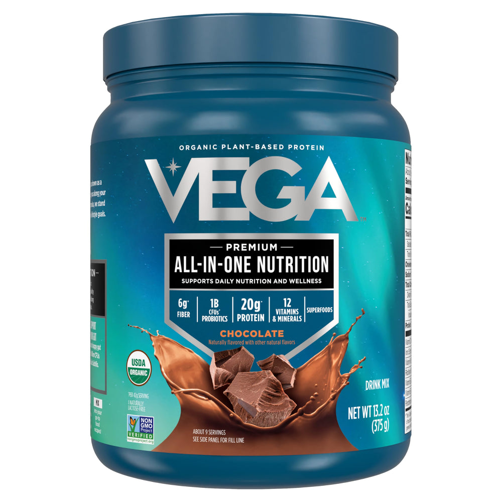 Vega Organic All-In-One Chocolate tub front highlighting vegan protein and organic certification