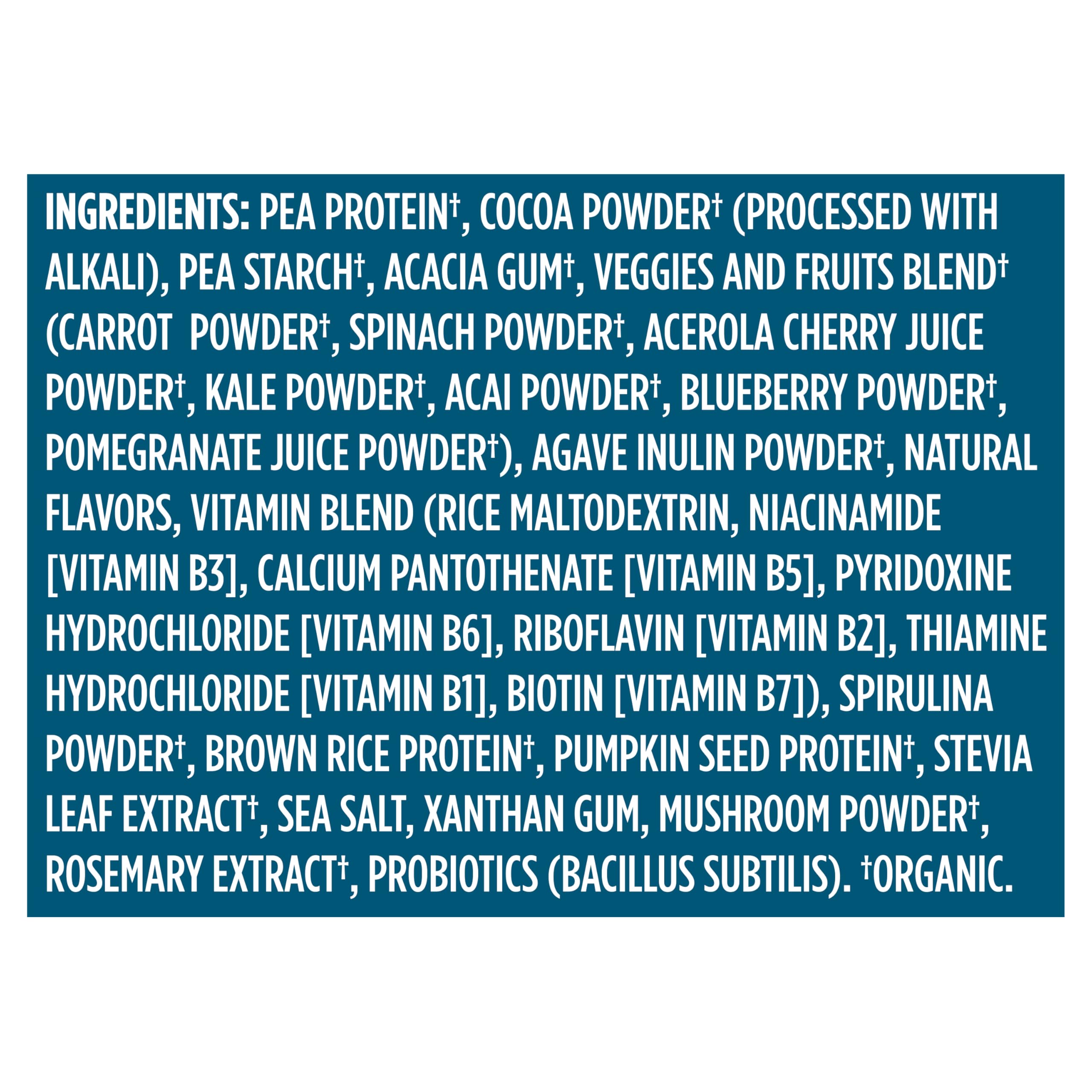 Vega Organic All-In-One shake ingredients panel emphasizes pea protein and omega-3s