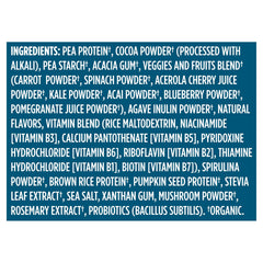 Vega Organic All-In-One shake ingredients panel emphasizes pea protein and omega-3s