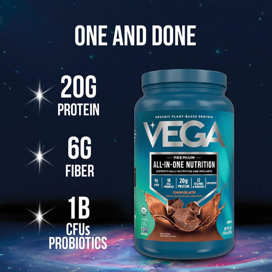 Vega All-In-One Shake chocolate label shows vegan protein vitamins