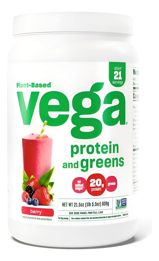 Vega Protein and Greens Berry bottle with a ready-to-mix plant-based shake concept and berry flavor