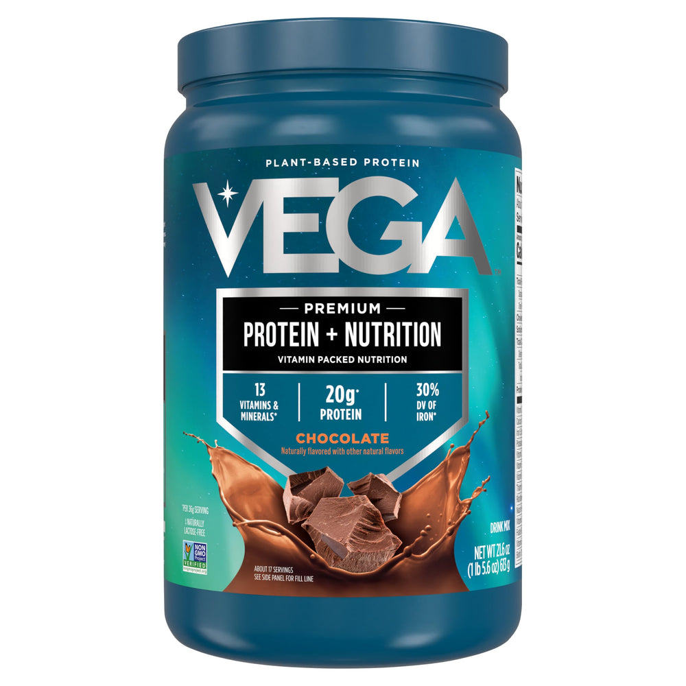 Vega Protein + Nutrition chocolate bag ready to make a plant-based shake.