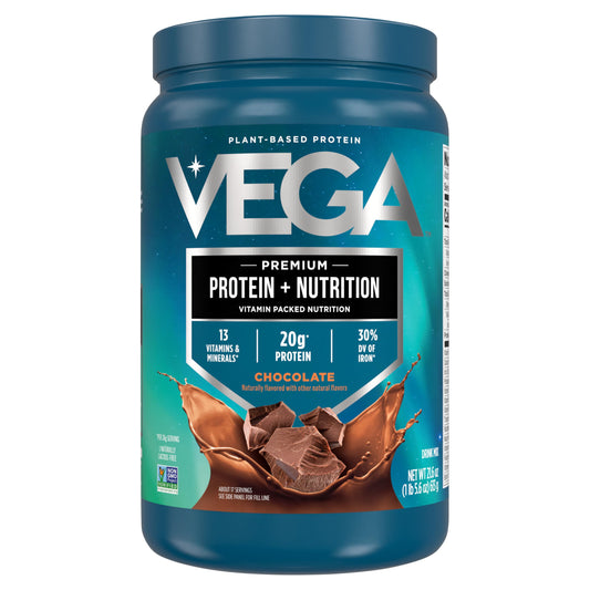 Vega Protein + Nutrition chocolate bag ready to make a plant-based shake.