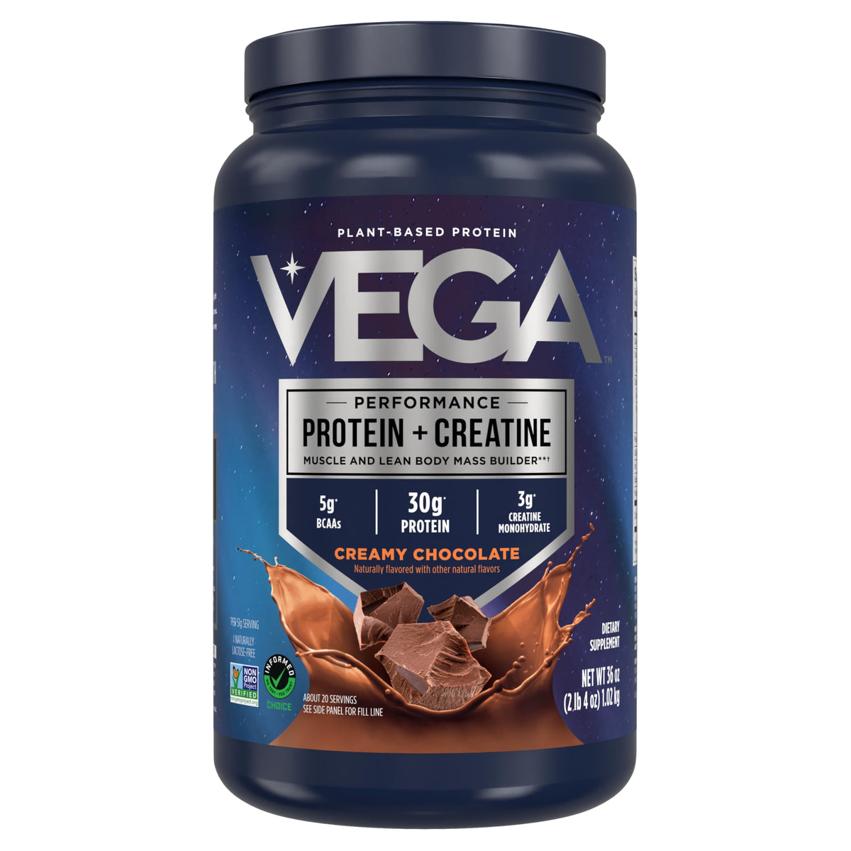 Vega Protein + Creatine scoop showing 30g protein and 3g creatine for post-workout recovery.
