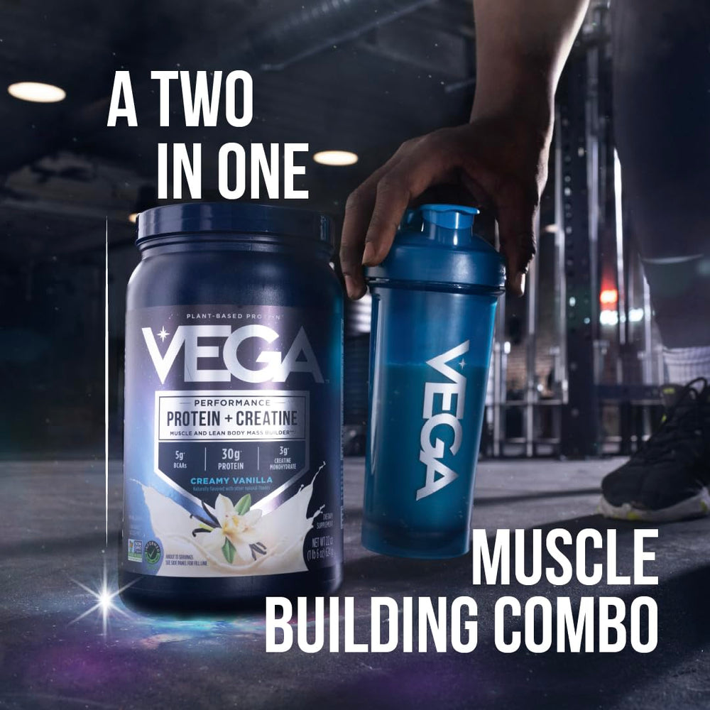 Vega Protein + Creatine vanilla label shows vegan nutrition.
