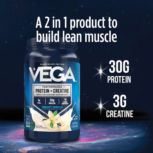 Vega Protein + Creatine vanilla scoop ready to mix.