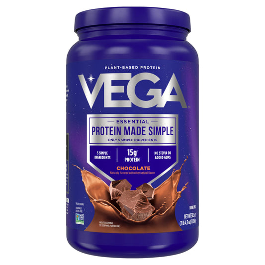 Vega Protein Made Simple chocolate tub shown for easy vegan protein source