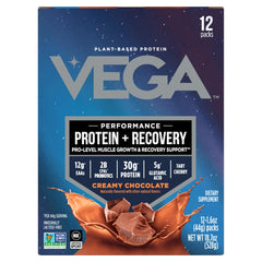 Vega Protein + Recovery chocolate packaging highlights 30g vegan protein per serving.