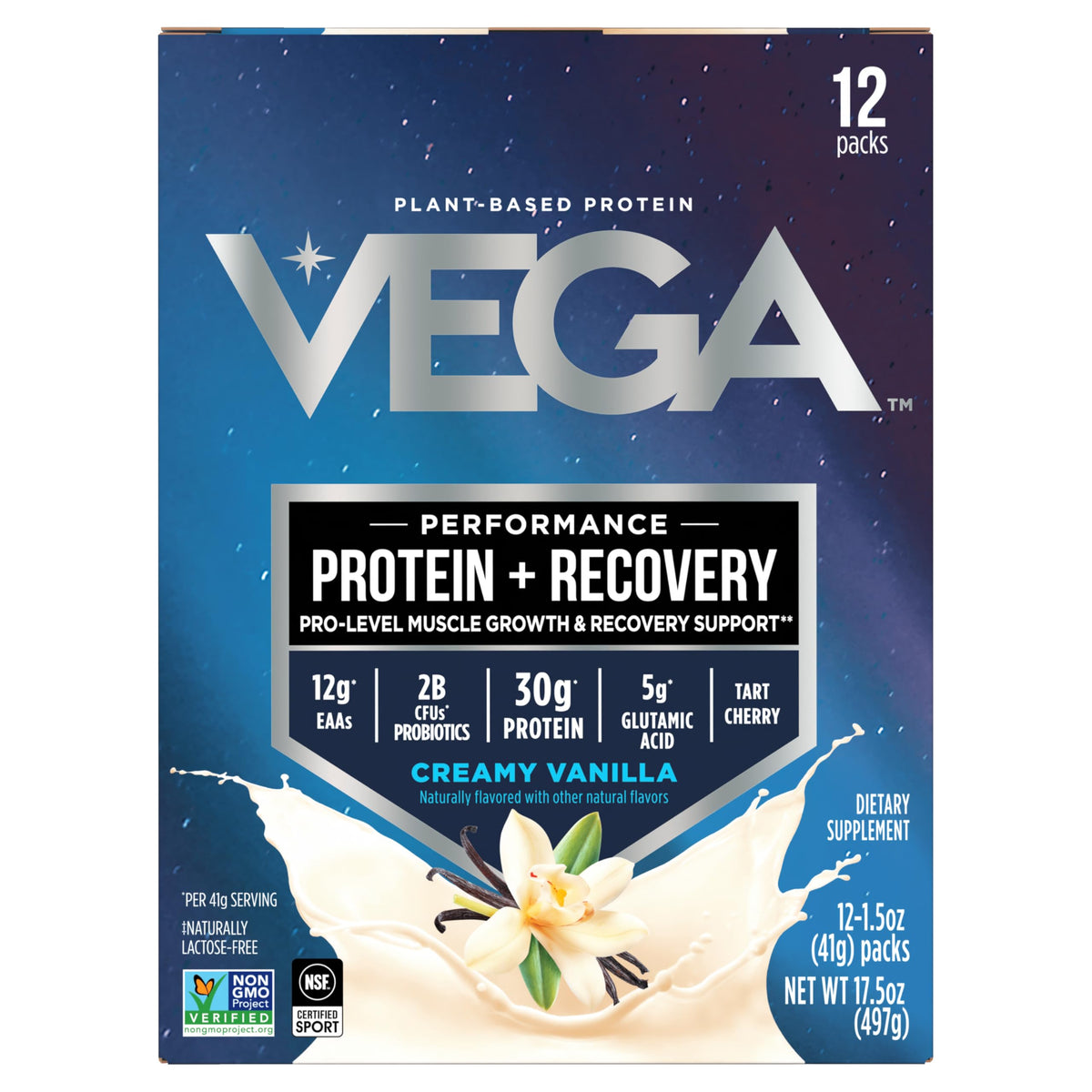 Vega Protein + Recovery vanilla sachets ready for on-the-go shakes