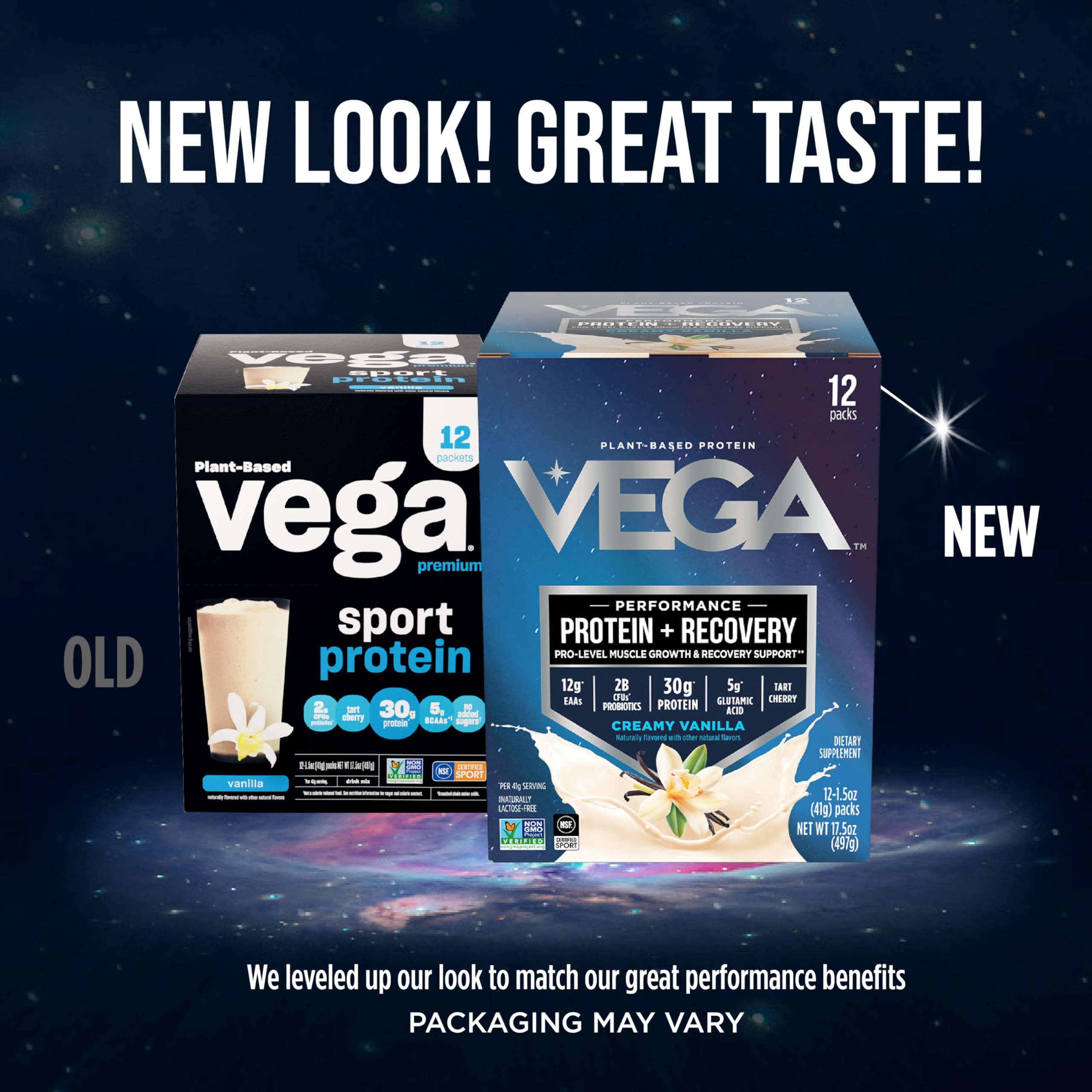 Creamy Vega Protein + Recovery vanilla shake in a glass