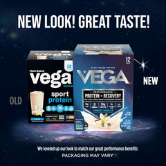 Creamy Vega Protein + Recovery vanilla shake in a glass