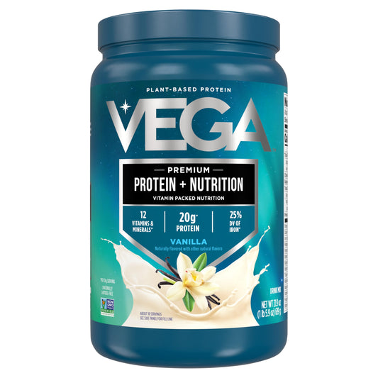 Vega Protein Vanilla packaging shows a fresh tub for convenient everyday fueling.