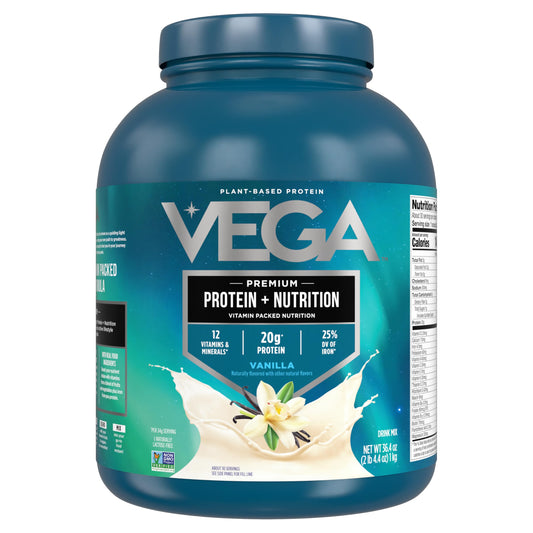 Vega Essentials vanilla protein powder tub for quick protein boost