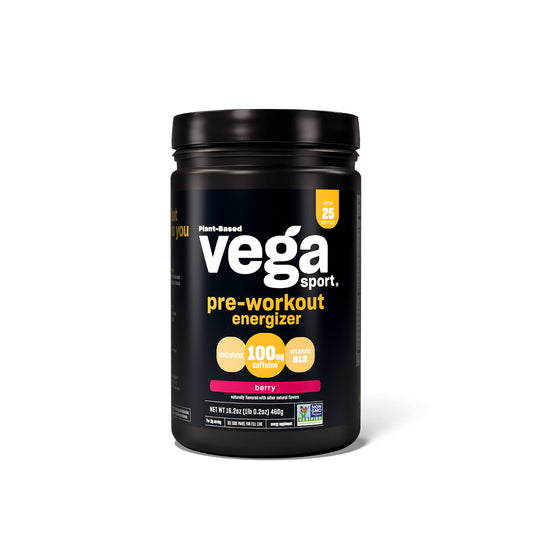 Vega Sport Pre-Workout Energizer berry bottle ready for training sessions.