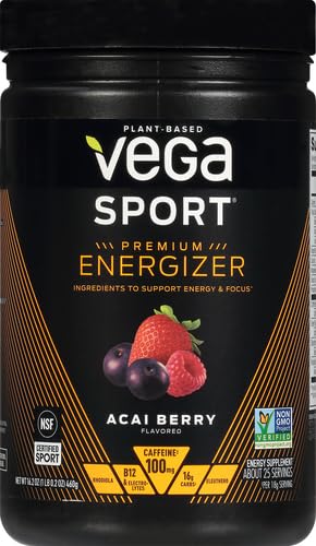 Vega Sport Pre-Workout Energizer strawberry lemonade bottle ready for workout.