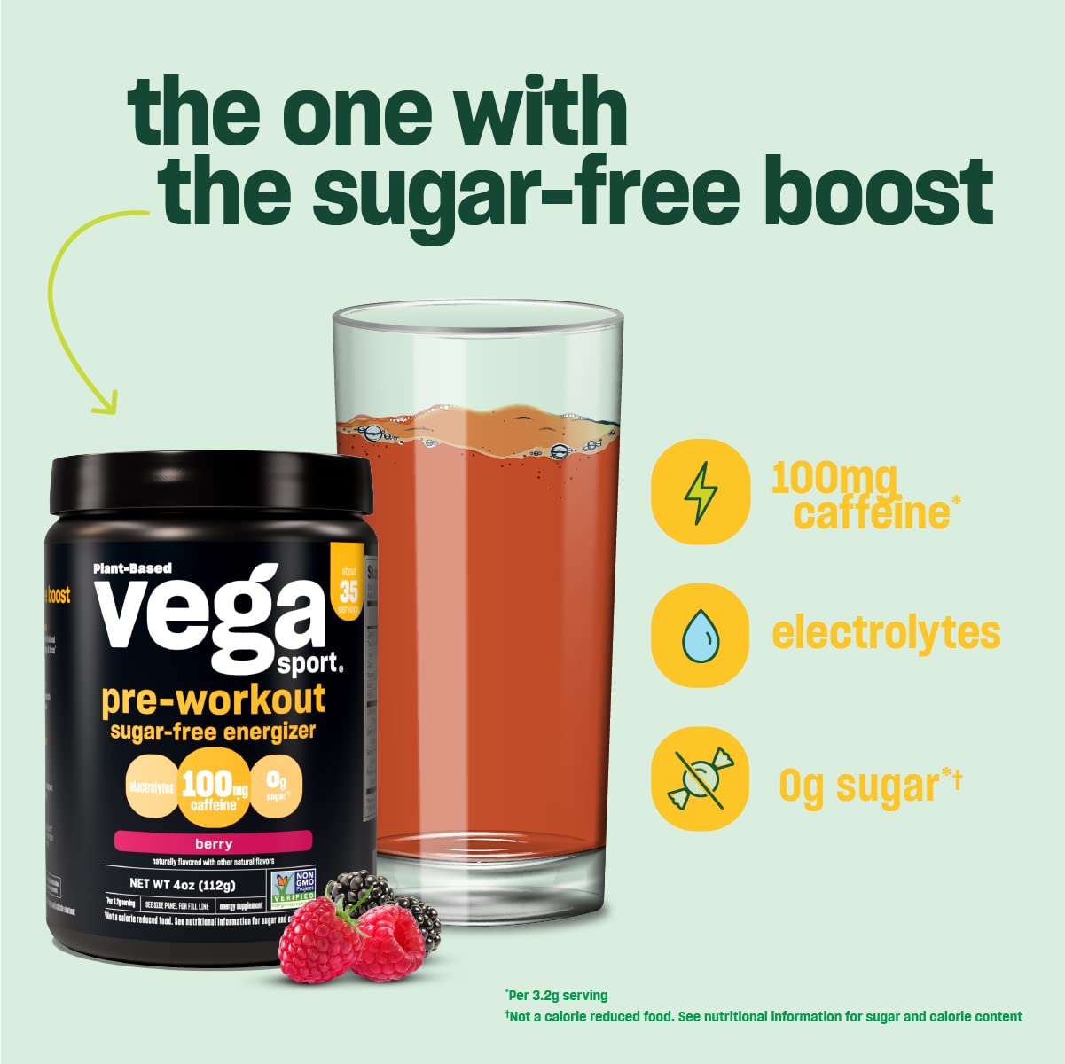 Vega athlete in action conveys performance-friendly, sugar-free energy.