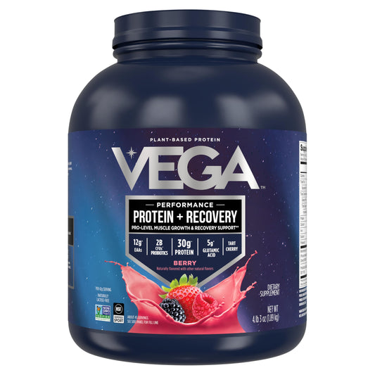 Vega Sport vegan protein berry tub ready for smooth post-workout shakes.
