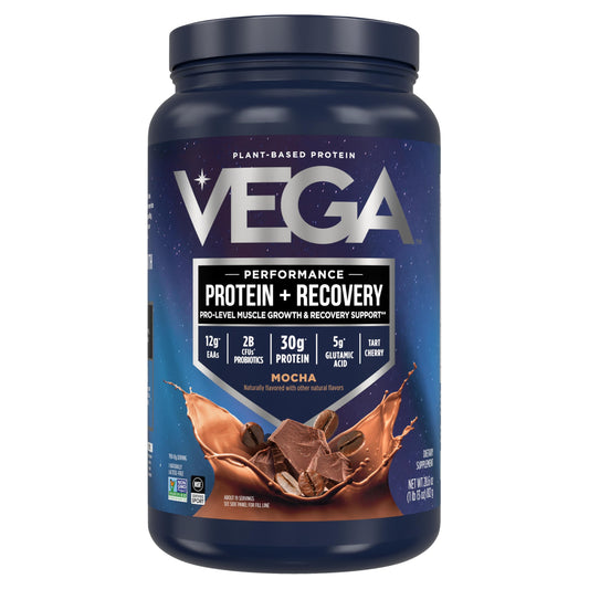 Vega Sport vegan protein mocha tub ready for post-workout shakes