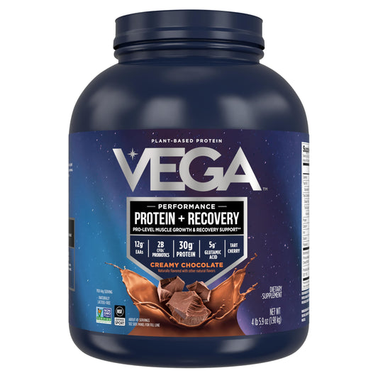 Vega Sport vegan chocolate protein powder tub for post-workout shakes