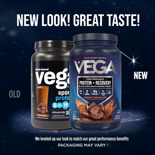 Vega Sport vegan vanilla protein powder beside blender for smoothies