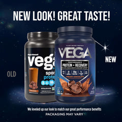 Vega Sport vegan vanilla protein powder beside blender for smoothies