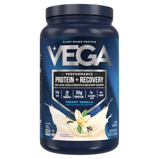 Vega Sport vegan vanilla protein powder tub, ideal for post-workout shakes.