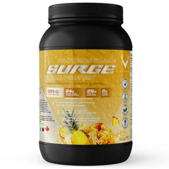 VEGAIN PRO-SURGE Mango Pineapple drink poured for post-workout hydration.
