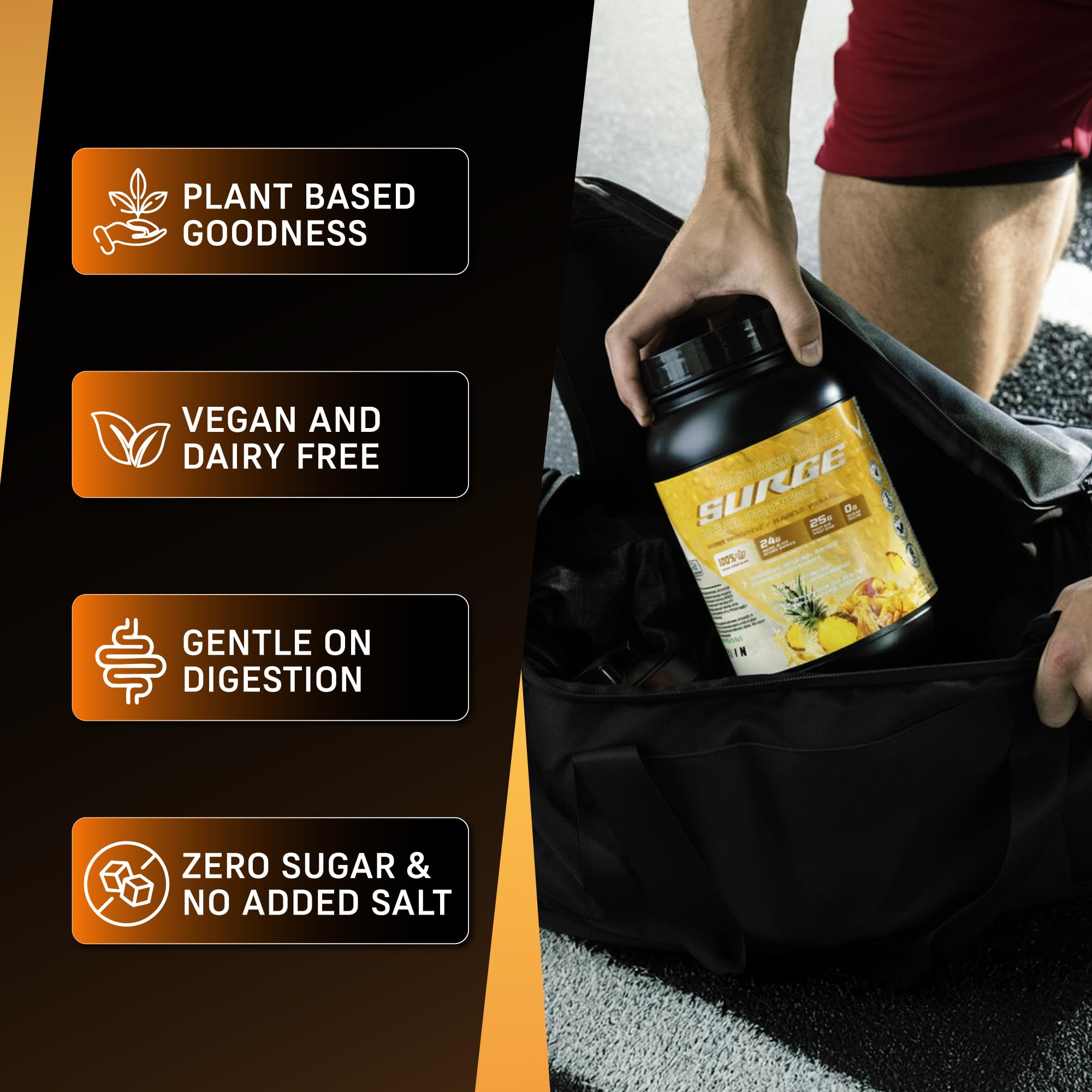 Natural pea electrolytes in VEGAIN PRO-SURGE support post-workout hydration.