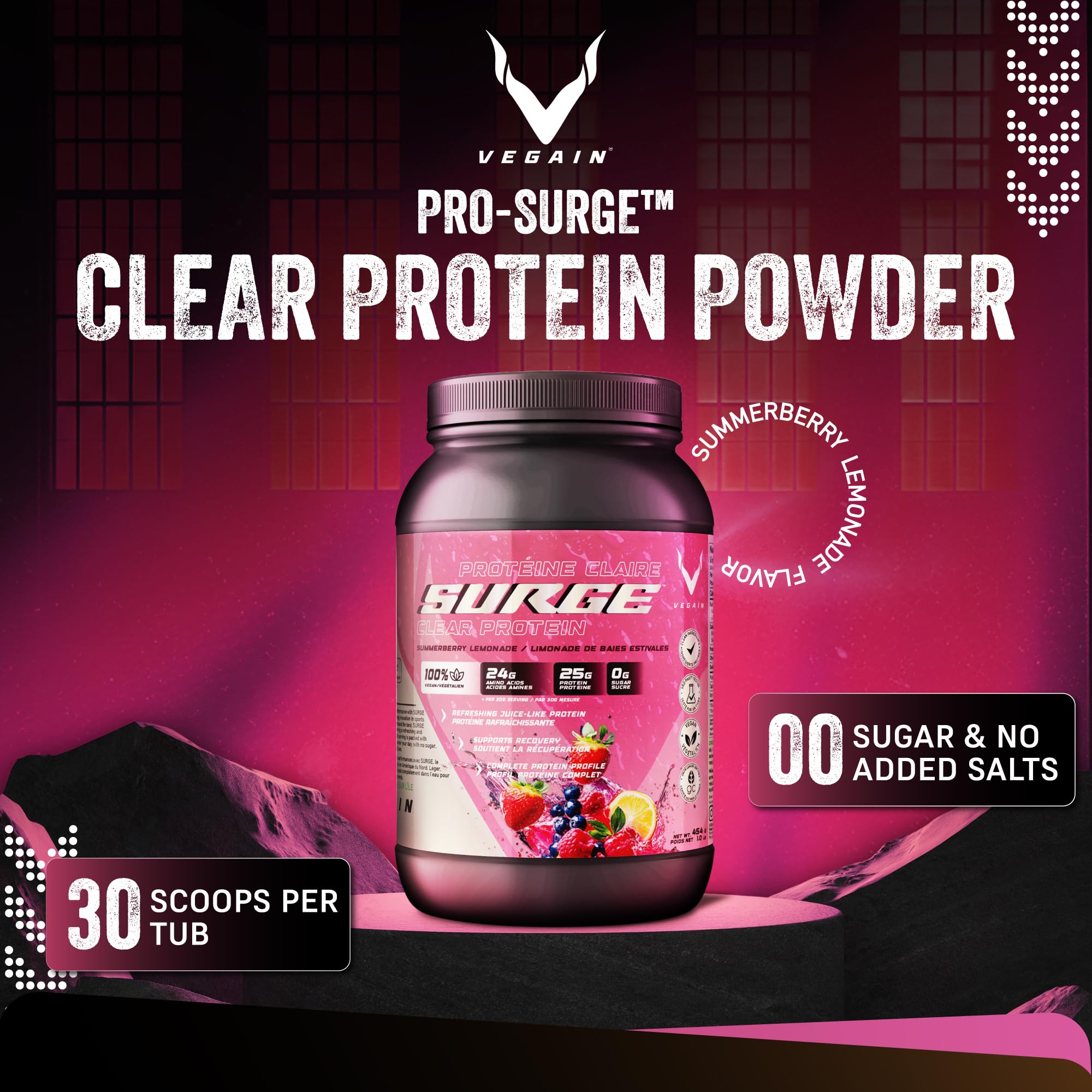 VEGAIN PRO-SURGE powder scoop close-up highlighting 25 g plant protein per serving.