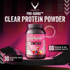 VEGAIN PRO-SURGE powder scoop close-up highlighting 25 g plant protein per serving.
