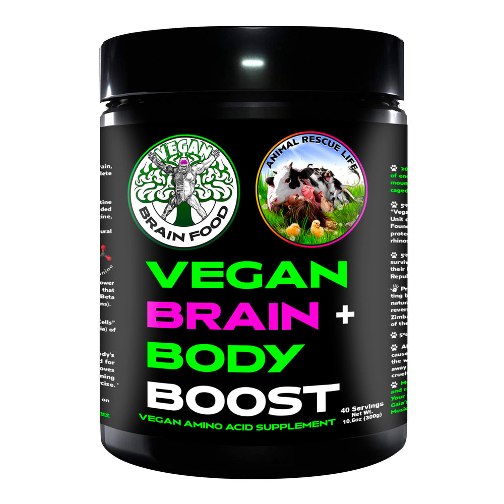 Vegan Brain Food bottle close-up showing convenient daily brain support