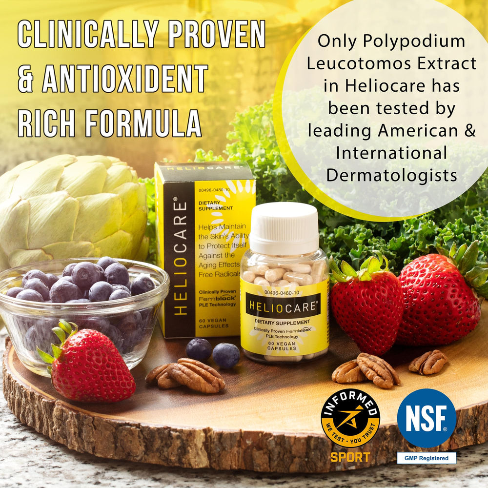Vegan, gluten-free label on Heliocare bottle.