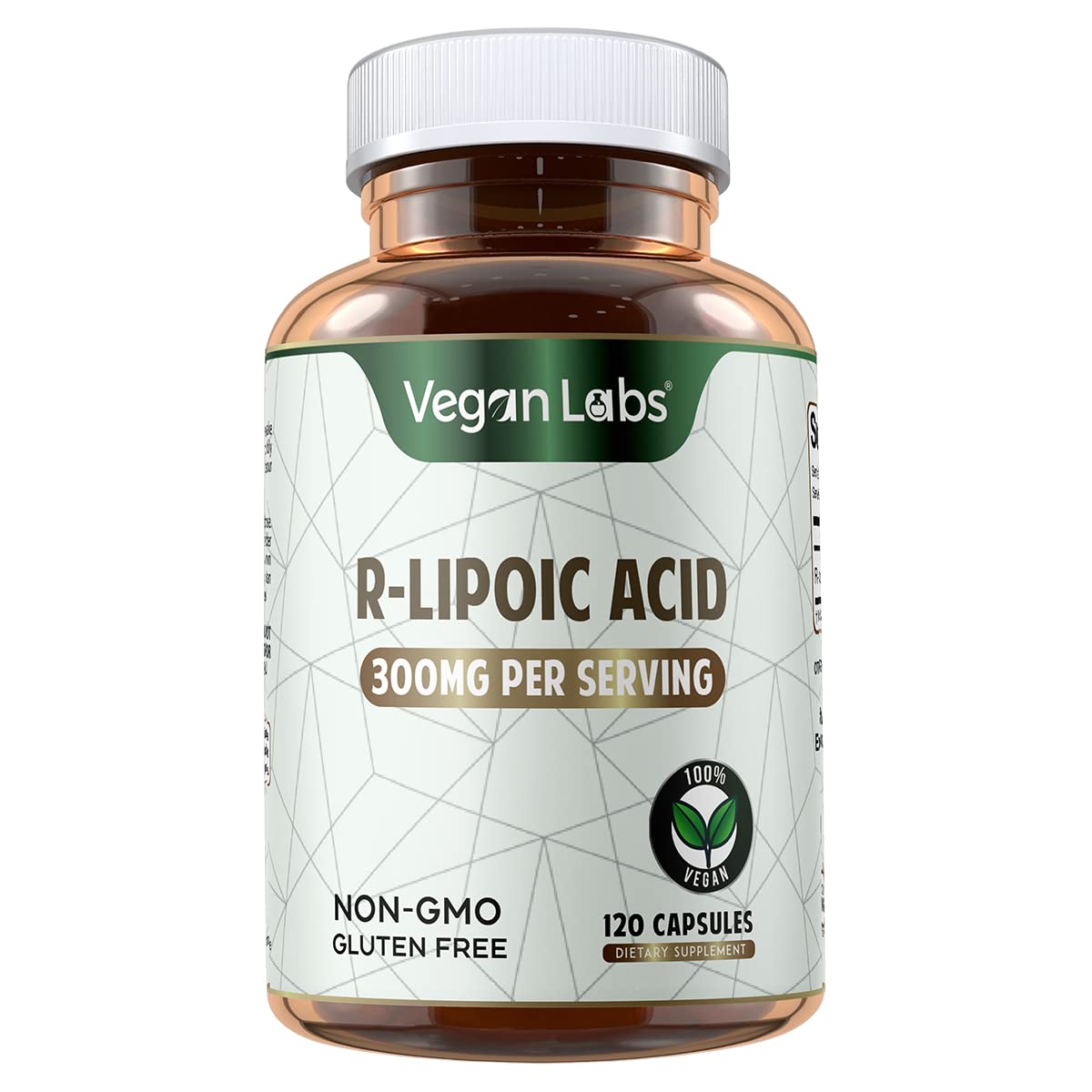 Vegan Labs R-Lipoic Acid 300MG bottle shown for convenient daily antioxidant support.