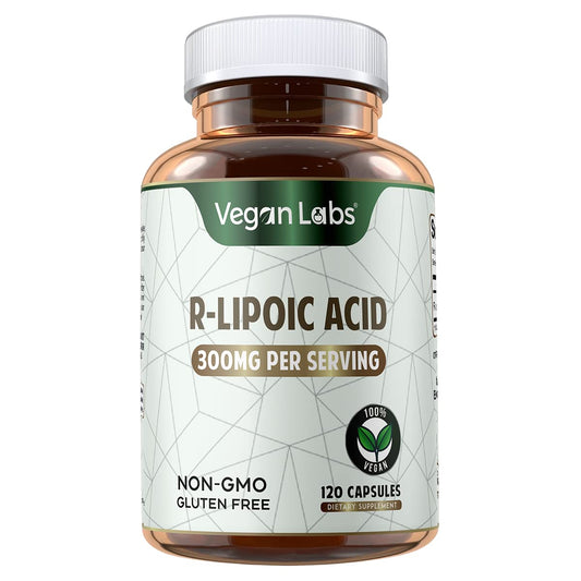 Vegan Labs R-Lipoic Acid 300MG bottle shown for convenient daily antioxidant support.