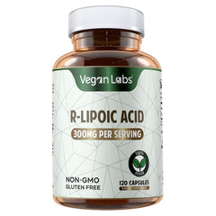 Vegan Labs R-Lipoic Acid 300MG bottle shown for convenient daily antioxidant support.
