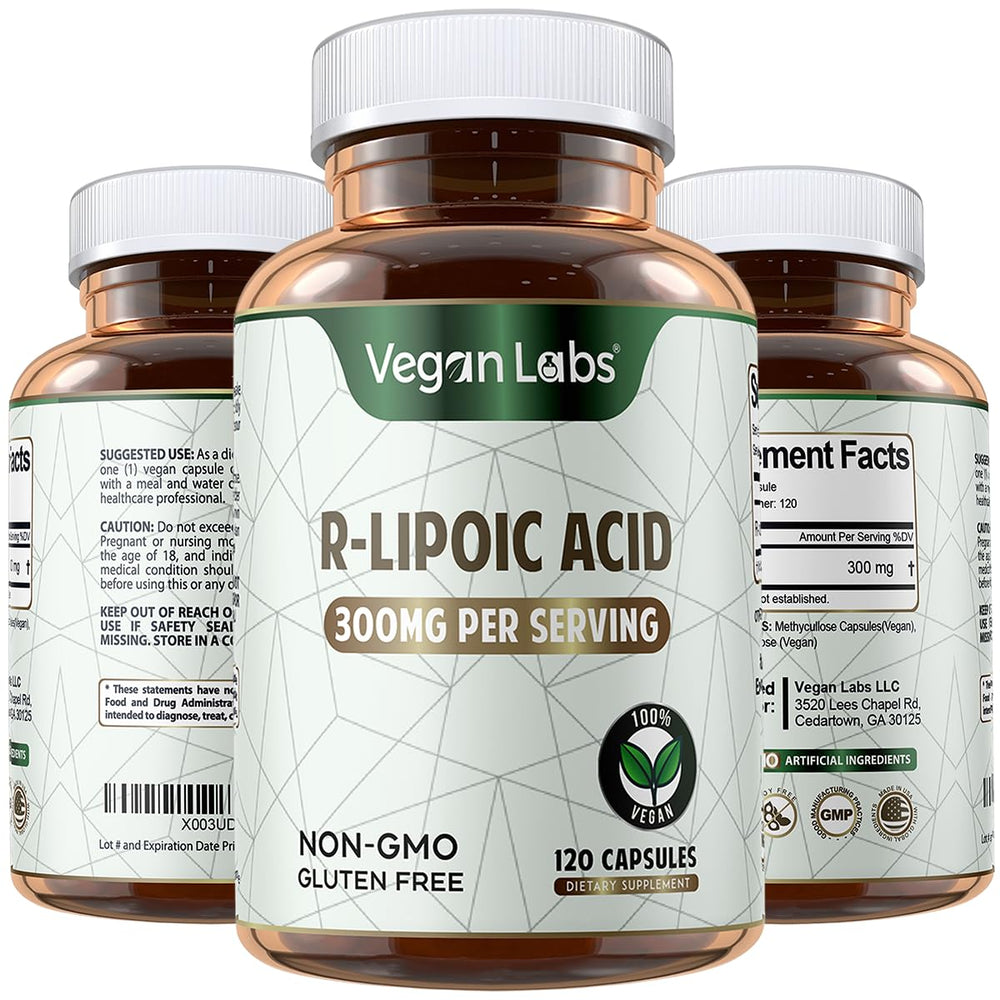Vegan Labs R-Lipoic Acid 300MG capsules offer easy absorption and daily energy support.