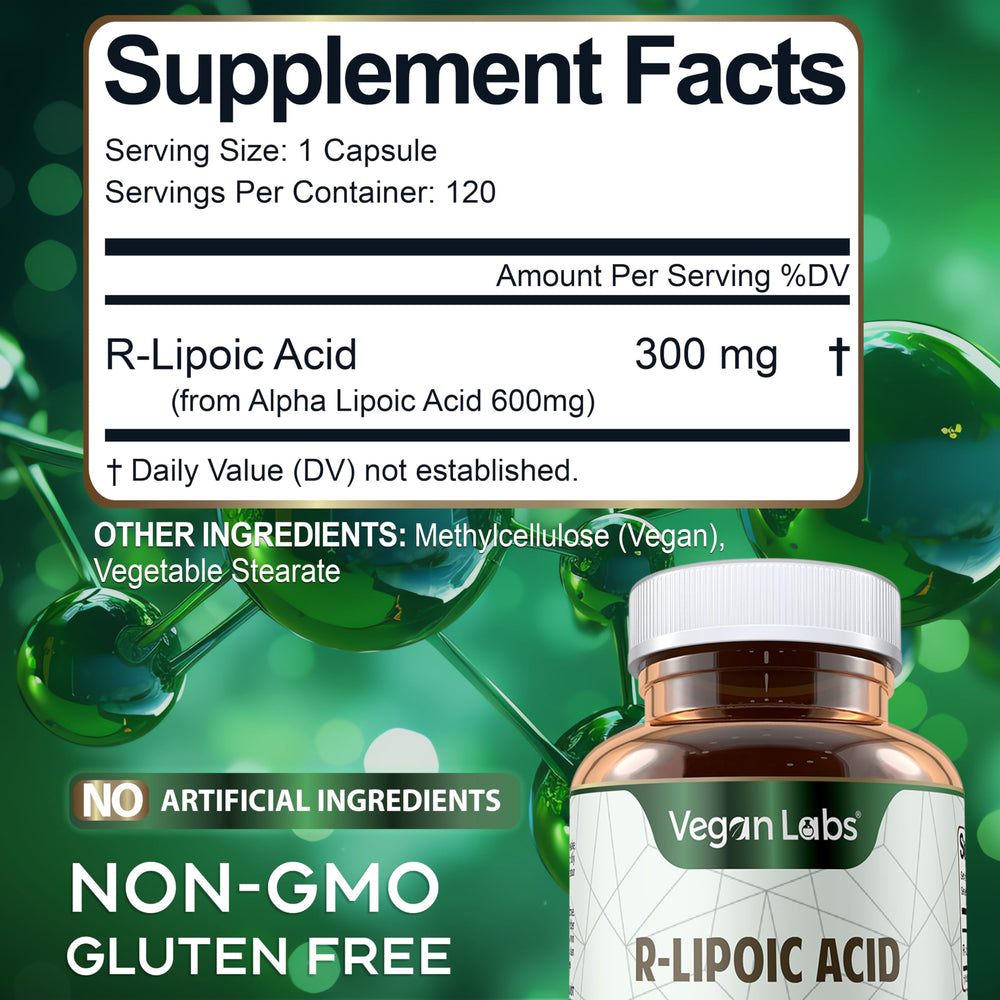 Vegan Labs R-Lipoic Acid 300MG ingredients confirm gluten-free and soy-free formula.