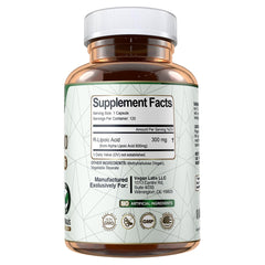 Vegan Labs R-Lipoic Acid 300MG label highlights vegan ingredients and clean formulation.
