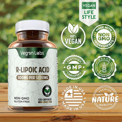 Vegan Labs R-Lipoic Acid 300MG packaging indicates a 4-month supply.