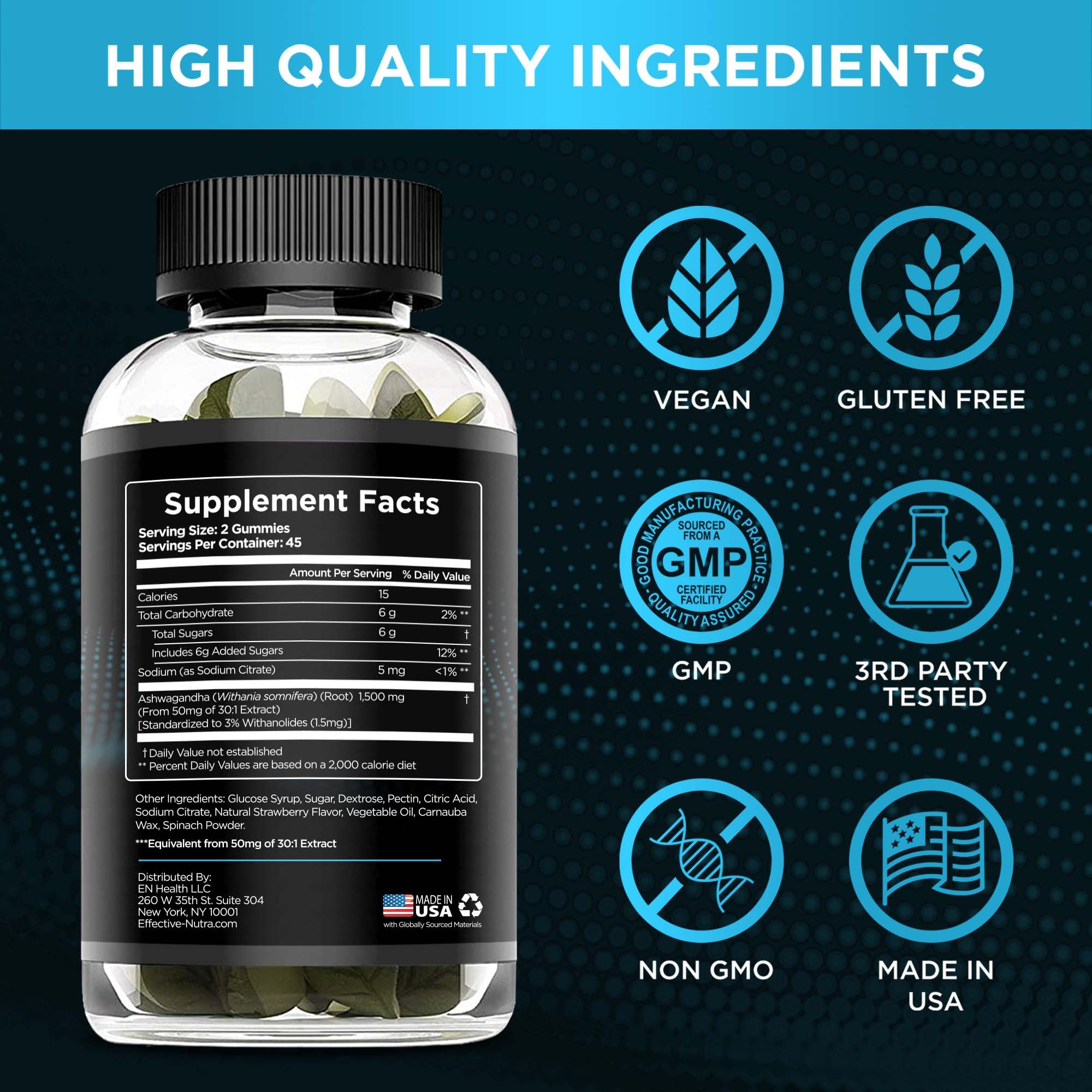 Vegan, non-GMO badge on Effective Nutra bottle for purity.
