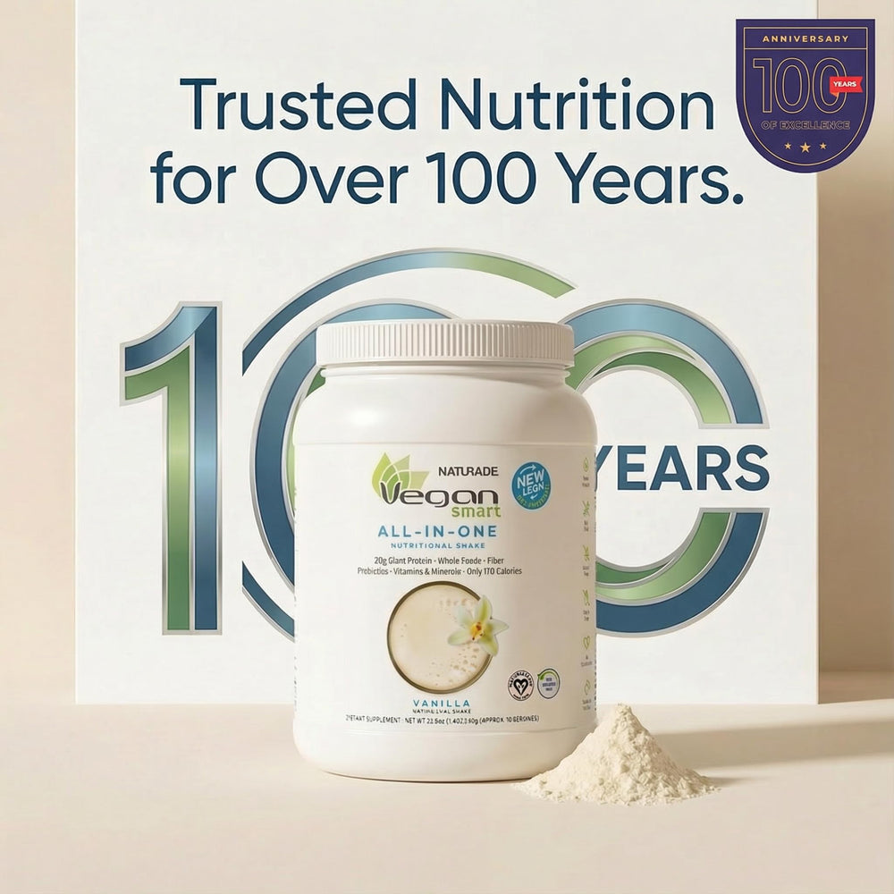 Brand logo of Vegansmart Naturade all-in-one shake on the chocolate tub.