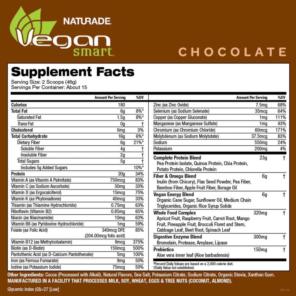 The Vegansmart Naturade all-in-one shake nutrition label close-up highlights vitamins and minerals.