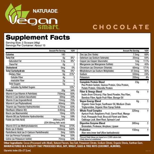 The Vegansmart Naturade all-in-one shake nutrition label close-up highlights vitamins and minerals.