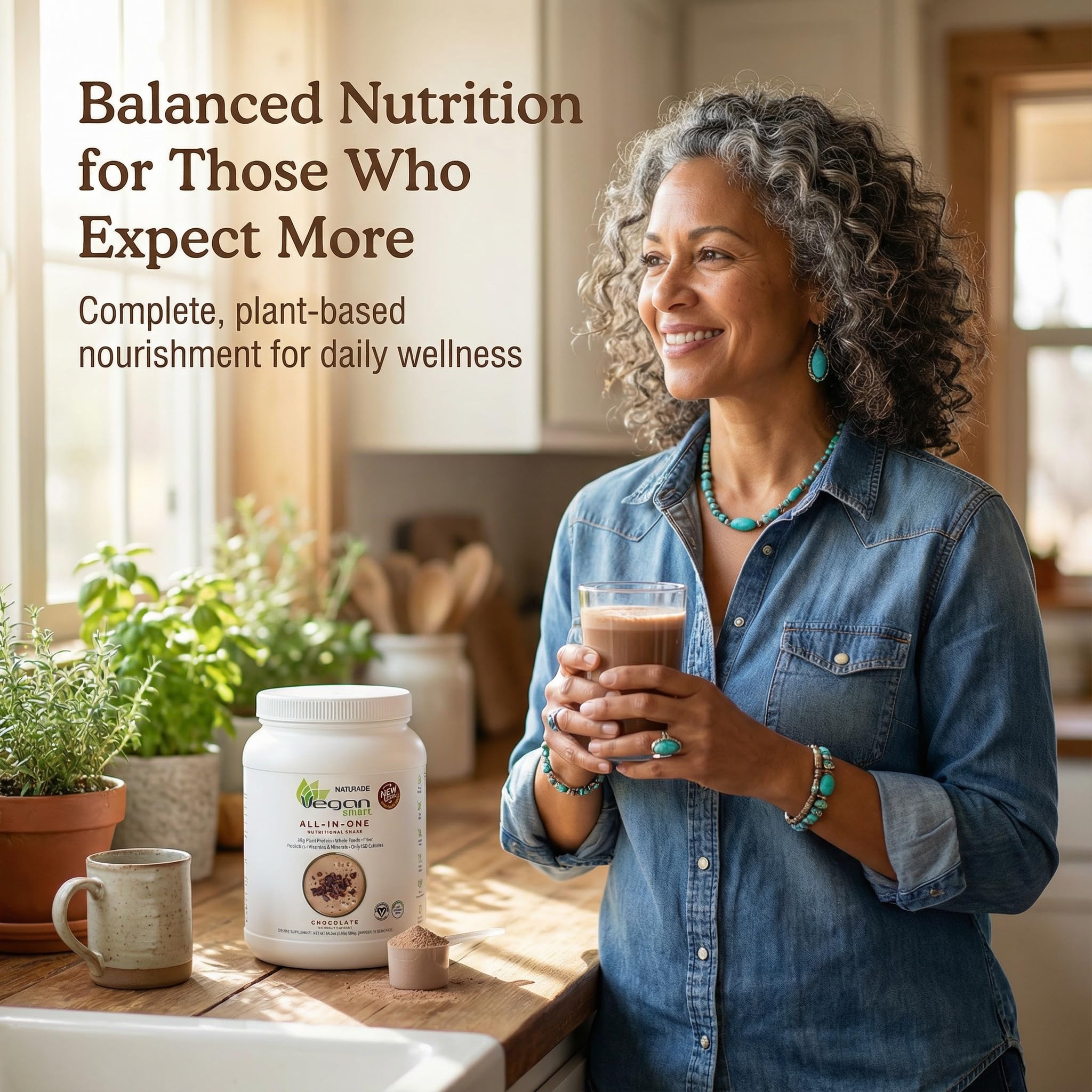 Vegansmart Naturade all-in-one shake chocolate scoop pouring for easy daily use.