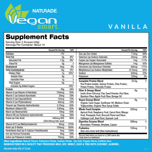 Vegansmart Naturade All-in-One Shake back view shows nutrition highlights for daily wellness