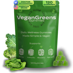 VeganGreens bottle-front showing plant-based gummies for daily wellness.