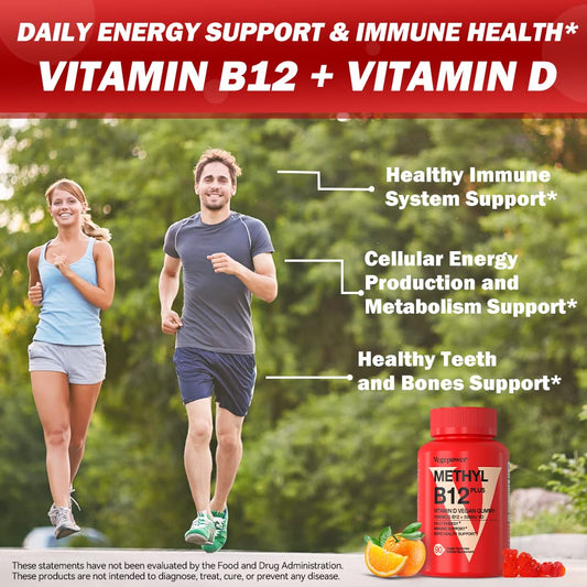 Close-up of VEGEPOWER B12 D3 gummies with bright orange chew texture.