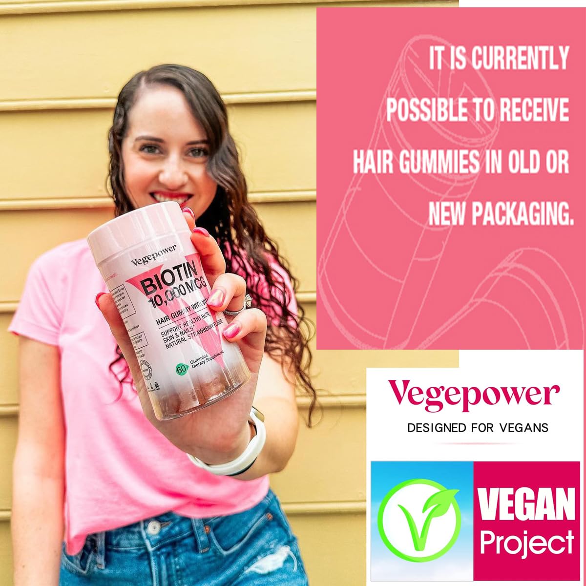 VEGEPOWER Biotin Gummies nutrition label highlighting vitamins C, D, zinc.