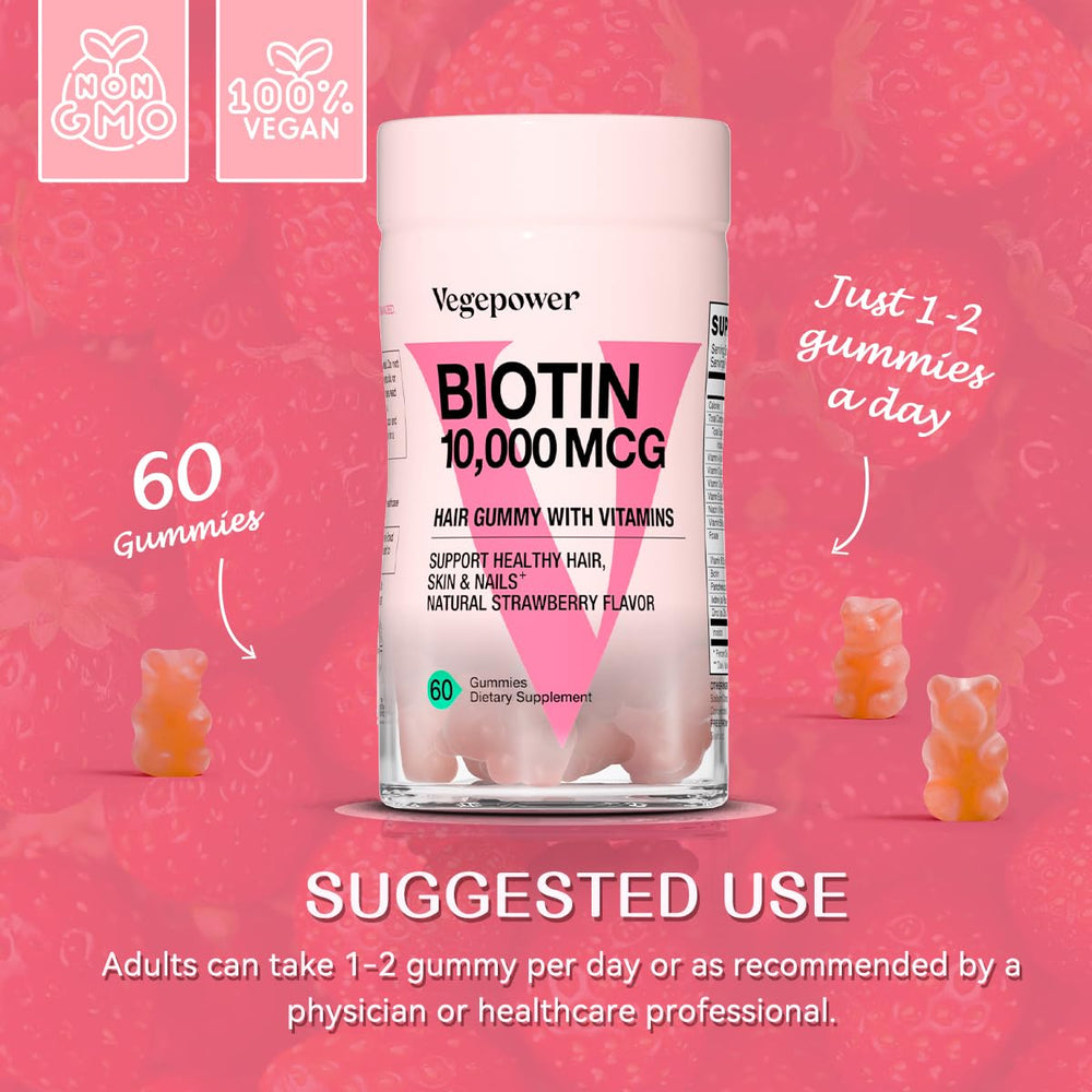 VEGEPOWER Biotin Gummies on-the-go packaging for busy mornings.